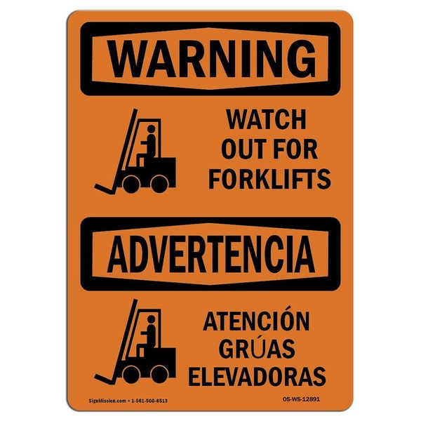 Signmission OSHA WARNING Sign, Watch Out For ForkliftsBilingual, 14in X 10in Decal, 10" W, 14" L, Landscape OS-WS-D-1014-L-12891